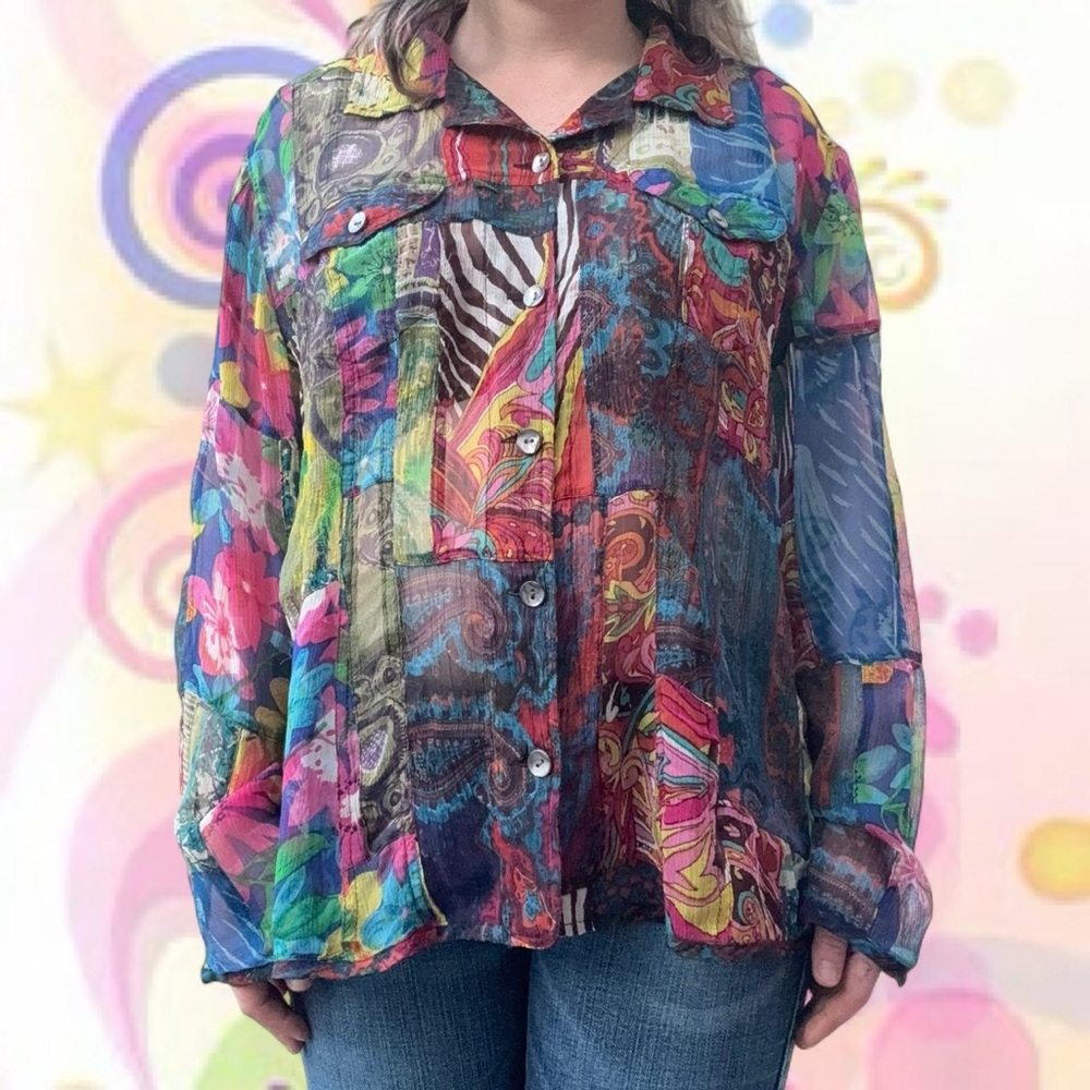 MINT vtg 90s wearable art sheer 81% silk patchwork button up - chico’s, sz 3/xl - Picture 2 of 6